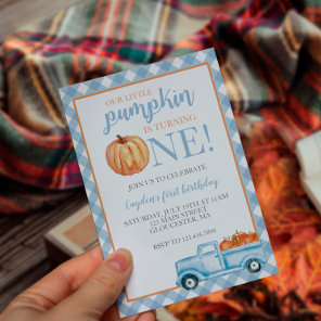 Little Pumpkin Pastel Blue truck first birthday Invitation