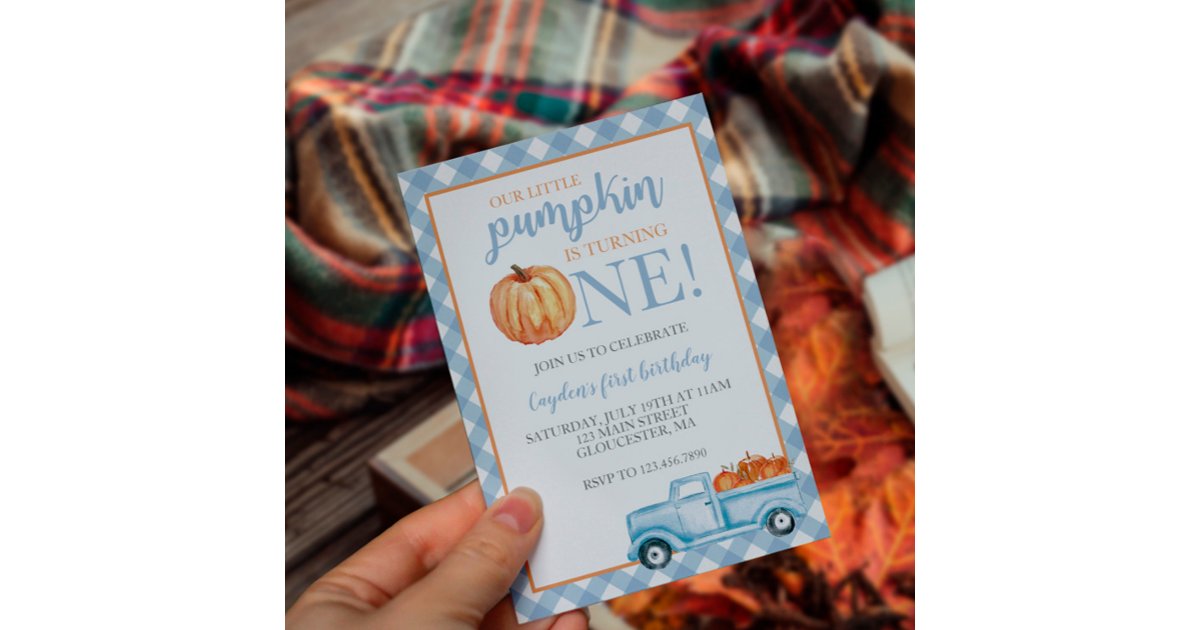 Little Pumpkin Pastel Blue truck first birthday Invitation | Zazzle