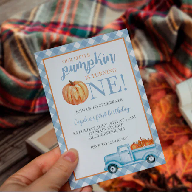 Little Pumpkin Pastel Blue truck first birthday Invitation | Zazzle