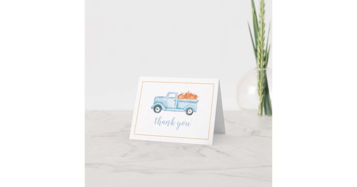 Little Pumpkin pastel blue truck first birthday Thank You Card | Zazzle