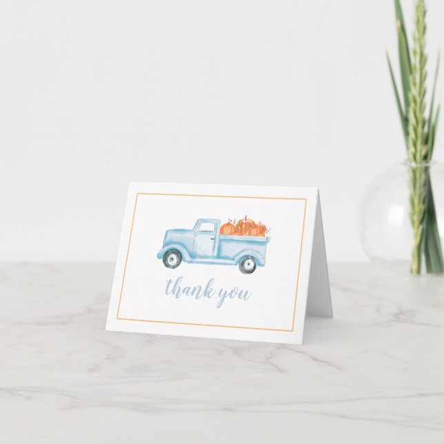 Little Pumpkin pastel blue truck first birthday Thank You Card (Front)
