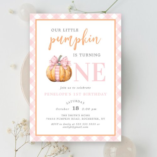 Little Pumpkin Pastel Pink Bow Girl 1st Birthday Invitation