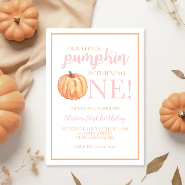 Little Pumpkin Pastel Pink Fall First Birthday Invitation | Zazzle