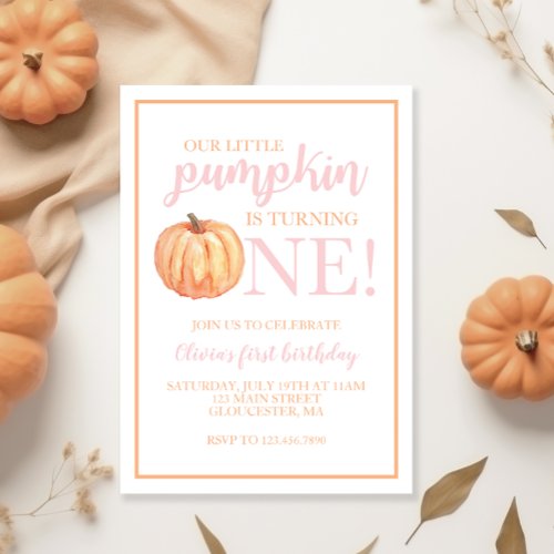 Little Pumpkin Pastel Pink Fall First Birthday Invitation