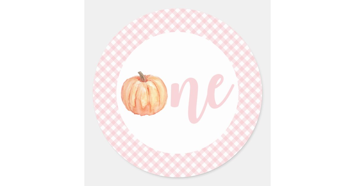 Little Pumpkin pastel pink plaid first birthday Classic Round Sticker ...
