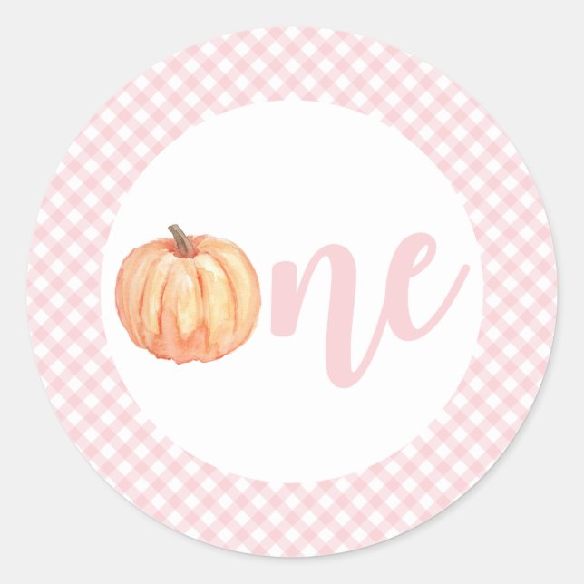 Little Pumpkin pastel pink plaid first birthday Classic Round Sticker (Front)