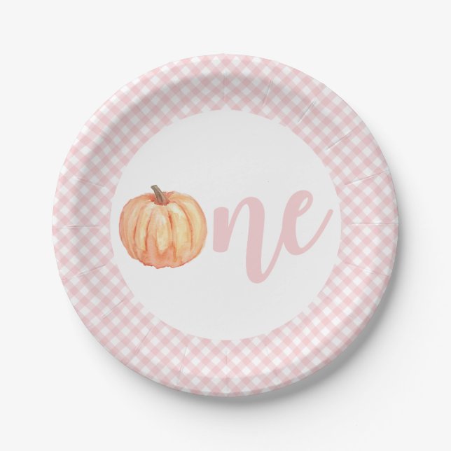 Little Pumpkin pastel pink plaid first birthday Pa Paper Plates (Front)