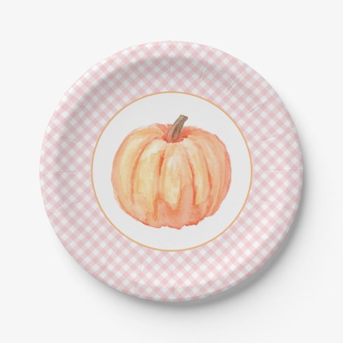 Little Pumpkin pastel pink plaid first birthday Paper Plates
