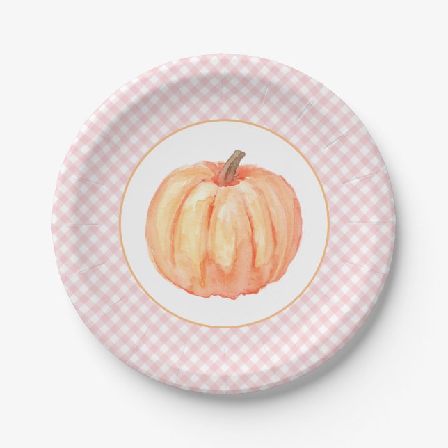 Little Pumpkin pastel pink plaid first birthday Paper Plates (Front)