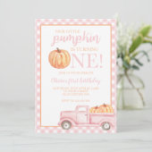 Little Pumpkin Pastel pink truck first birthday Invitation (Standing Front)