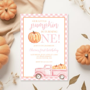 Little Pumpkin Pastel pink truck first birthday Invitation