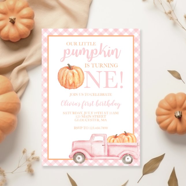 Little Pumpkin Pastel pink truck first birthday Invitation