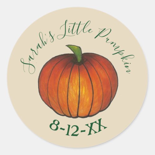 Little Pumpkin Personalized Baby Shower Birth Date Classic Round Sticker