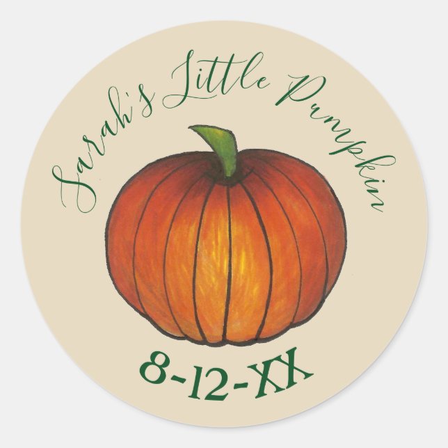 Little Pumpkin Personalized Baby Shower Birth Date Classic Round Sticker (Front)