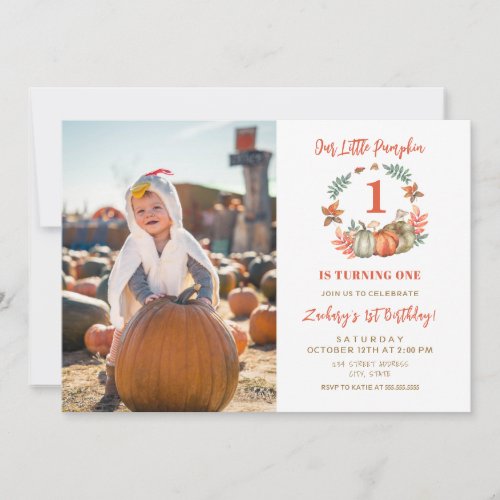 Little Pumpkin Photo Fall First 1st Birthday Invitation