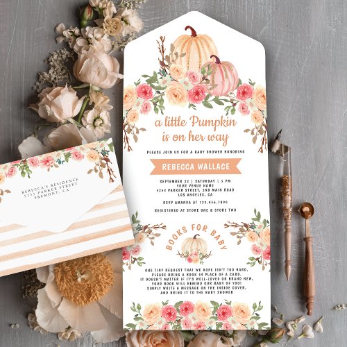 Little Pumpkin Pink and Peach Floral Baby Shower All In One Invitation