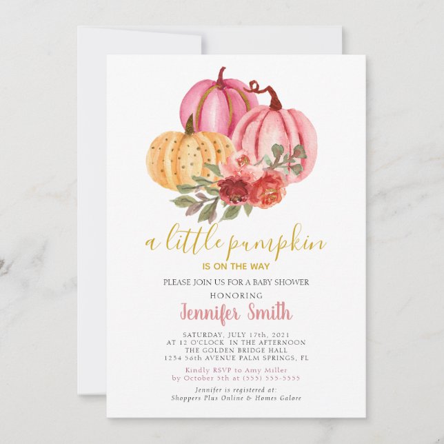 Little Pumpkin Pink Baby Shower Invitation (Front)