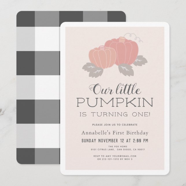 Little Pumpkin Pink Black Gingham 1st Birthday Invitation (Front/Back)