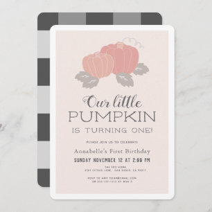 Little Pumpkin Pink Black Gingham 1st Birthday Invitation