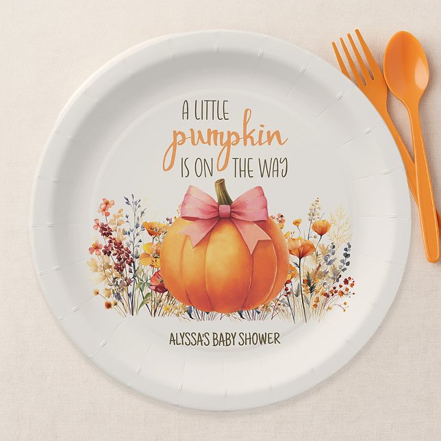 Little Pumpkin Pink Bow Baby Girl Shower Paper Plates (Little Pumpkin baby girl shower paper plates)