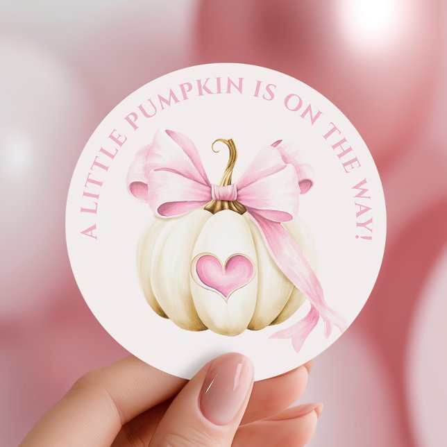 Little Pumpkin Pink Bow Baby Shower Classic Round Sticker (Creator Uploaded)