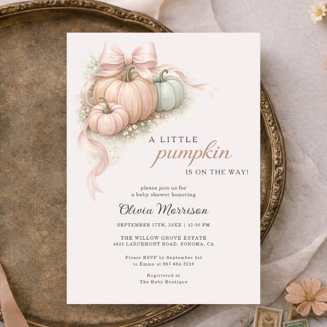Little Pumpkin Pink Bow Baby Shower Invitation (Creator Uploaded)