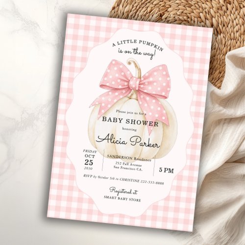 Little pumpkin pink bow coquette girl baby shower invitation