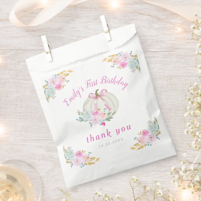 Little Pumpkin Pink Bow First Birthday Favor Bag (Clipped)