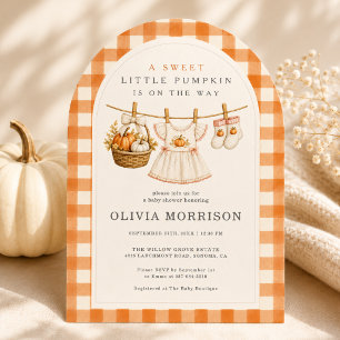 Little Pumpkin Pink Bow Gingham Girl Baby Shower Invitation