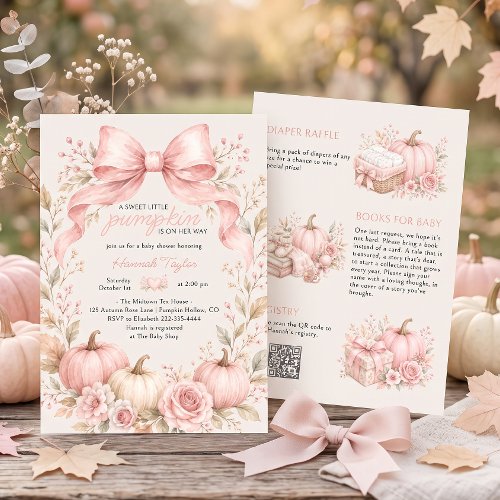Little Pumpkin Pink Bow Girl Baby Shower Invitation