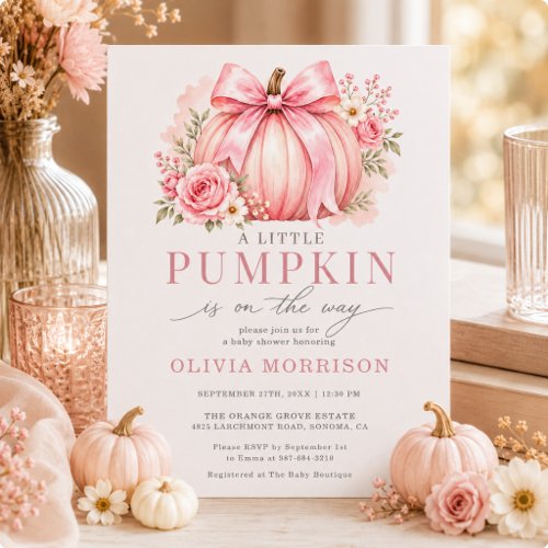 Little Pumpkin Pink Bow Girl Baby Shower Invitation