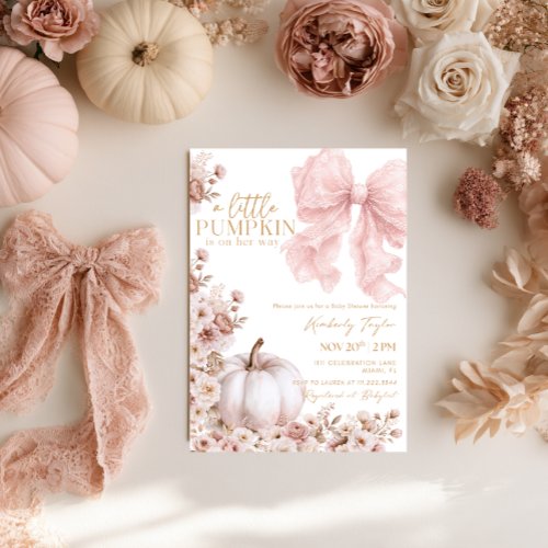 Little Pumpkin Pink Bow Girl Baby Shower Invitation