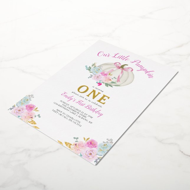 Little Pumpkin Pink Bow Girls 1st Birthday Gold Foil Invitation (Rotated)