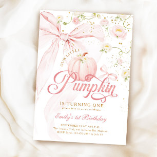 Little Pumpkin Pink Bow Girls 1st Birthday Invitation