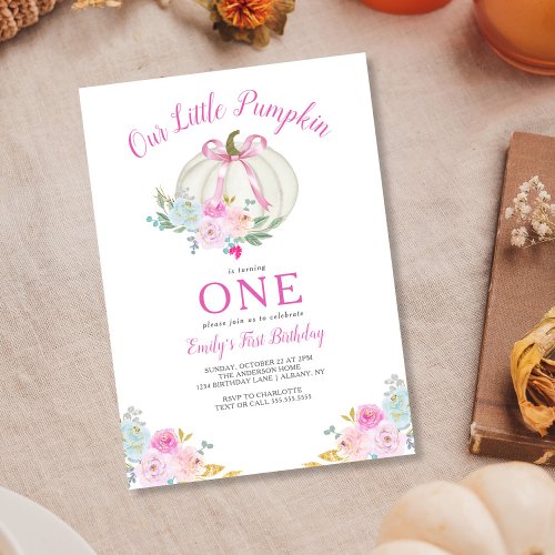 Little Pumpkin Pink Bow Girls First Birthday Invitation