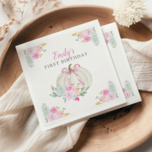 Little Pumpkin Pink Bow Girls First Birthday Napkins