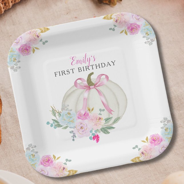 Little Pumpkin Pink Bow Girls First Birthday Paper Plates (Creator Uploaded)