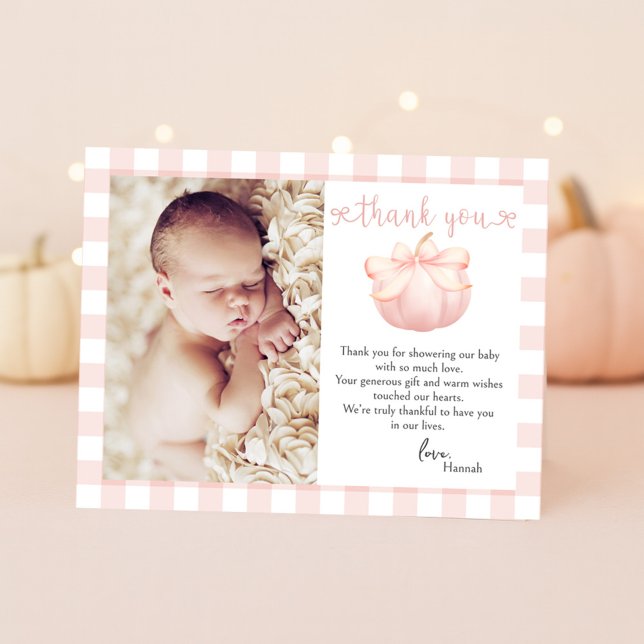 Little Pumpkin Pink Bow Photo Baby Shower Thank You Card (Creator Uploaded)