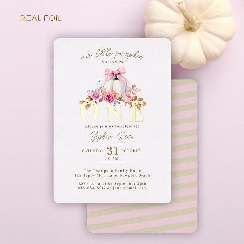 Little Pumpkin Pink Bow Roses 1st Birthday Gold Foil Invitation
