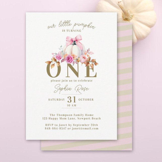 Little Pumpkin Pink Bow Roses 1st Elegant Birthday Invitation (our pumpkin is turning one girl 1st birthday party invitation pink bow roses elegant floral boho)
