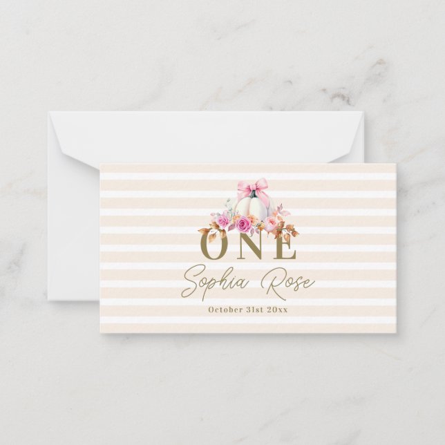 Little Pumpkin Pink Bow Roses 1st Elegant Birthday Note Card (Front)
