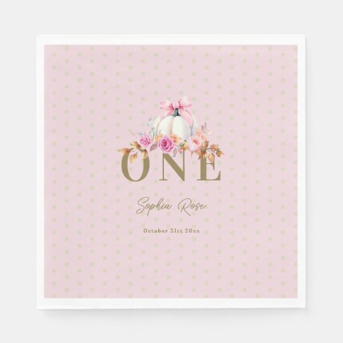 Little Pumpkin Pink Bow Roses Dots 1st Birthday Napkins