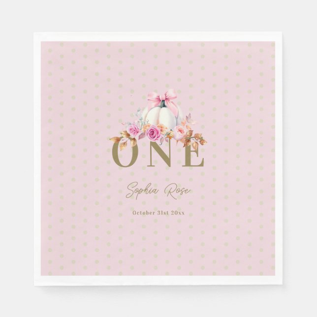 Little Pumpkin Pink Bow Roses Dots 1st Birthday Napkins (Front)