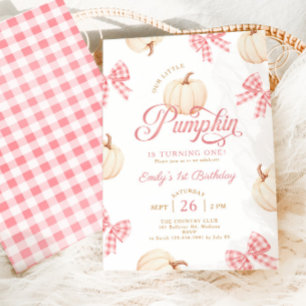 Little Pumpkin Pink Bows Gingham Girl 1st Birthday Invitation