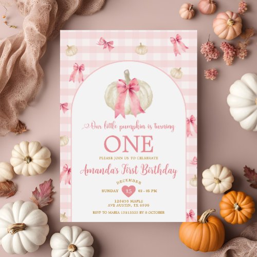 Little Pumpkin Pink Bowtie Gingham First Birthday Invitation