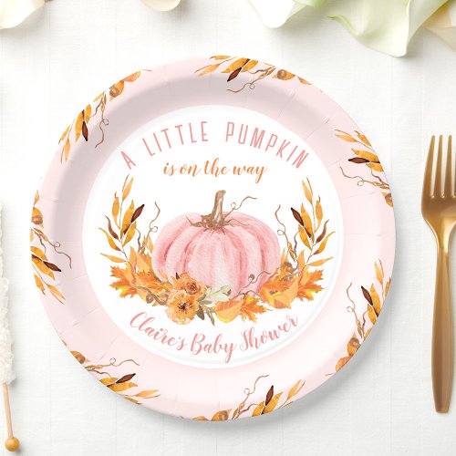 Little Pumpkin Pink Fall Autumn Girl Baby Shower Paper Plates