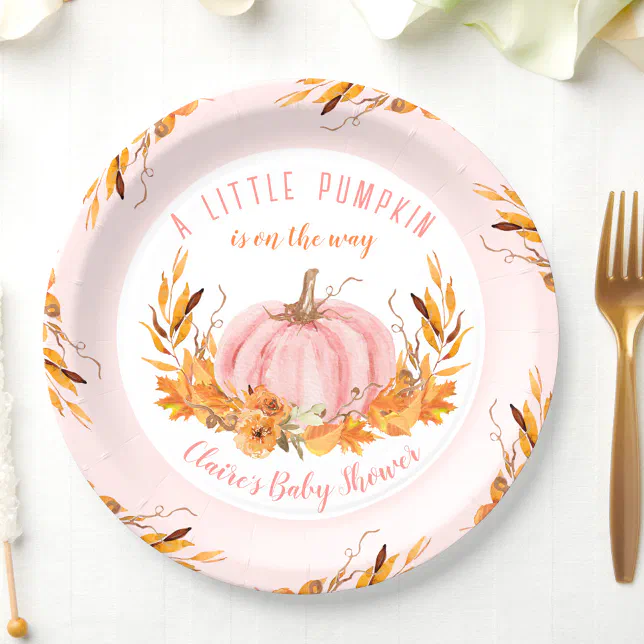 Little Pumpkin Pink Fall Autumn Girl Baby Shower Paper Plates | Zazzle