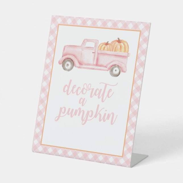Little Pumpkin Pink Fall Birthday Decorate pumpkin Pedestal Sign (Front)