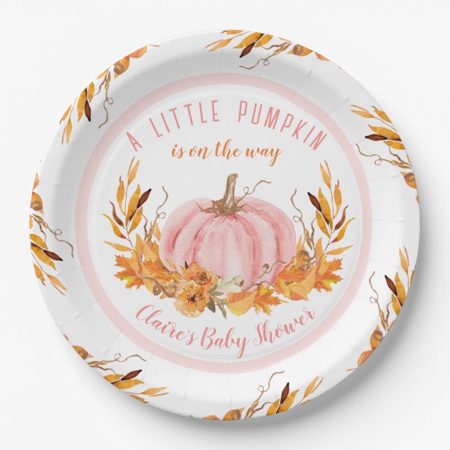 Little Pumpkin Pink Fall Girl Baby Shower Paper Plates (Front)