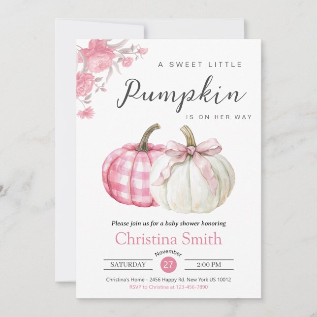 Little Pumpkin Pink Floral Baby Girl Shower Invitation (Front)